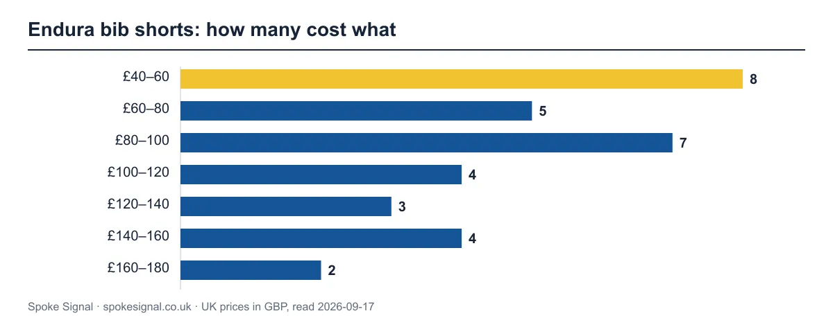 Bar chart of 33 Endura bib shorts by cheapest UK price. The busiest band is £40–60 with 8 products.